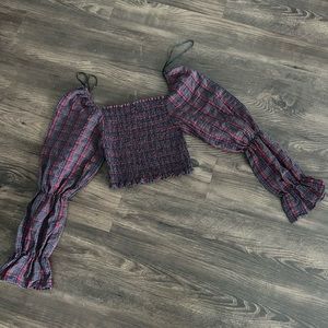 Zara smocked plaid puff sleeve cropped blouse